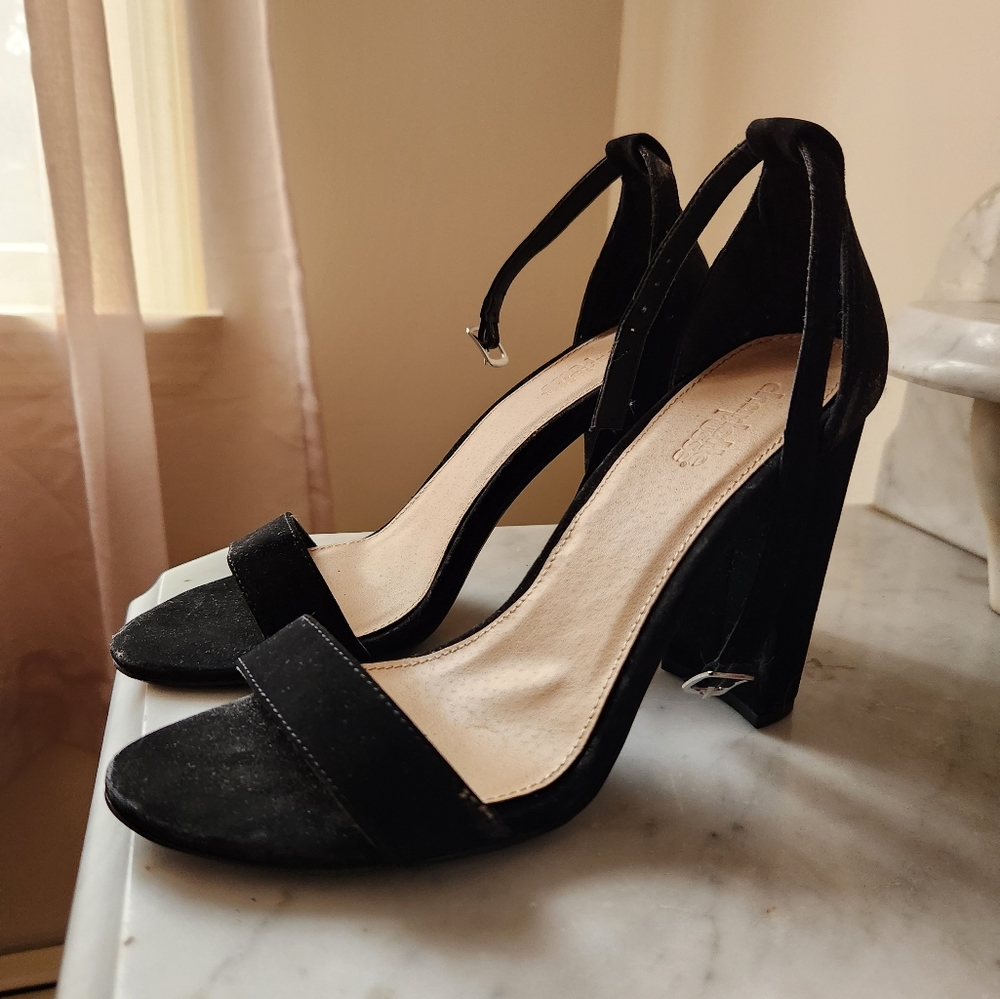 Black Suede Open Toe High Heels